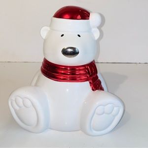 2009 Harry Slatkin Polar Bear with Red Metallic Scarf & Hat Jar Candle Holder